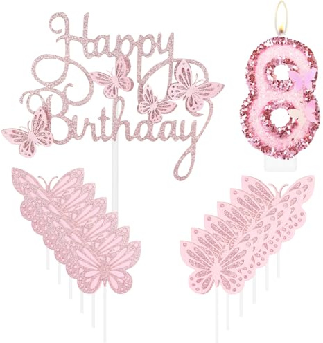 Grattis på 8:e Födelsedagen - Rosa Nummer 8 Ljus Med Fjäril Tårtdekoration För Flickor, Cupcake Topper För Temafest
