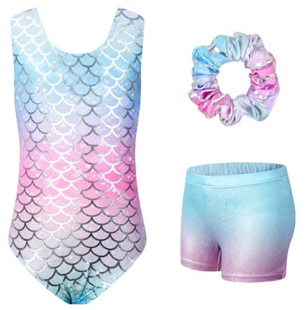 Surgoal Gymnastics Leotards for Girls with Short Sleeveless Sparkle Ballet Dance Unitard Gymnastics Athletic Outfit 3Pcs for Kids 8-9 Years