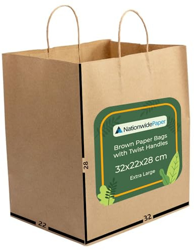 Nationwide Paper 40 Pcs Extra large Brown Paper Carrier Bags with Strong Twisted Handles Perfect for Grocery, Sweets, Food, Merchandise, and Retail (32x22x28cm)