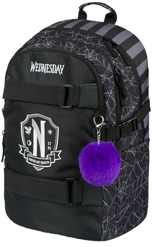 Baagl Schulrucksack für Jungen Mädchen Teenager - Skateboard Rucksack - Kinderrucksack mit Laptopfach und Brustgurt für Schule, Weiterführendeschule, Mittelschule (Wednesday Nevermore)