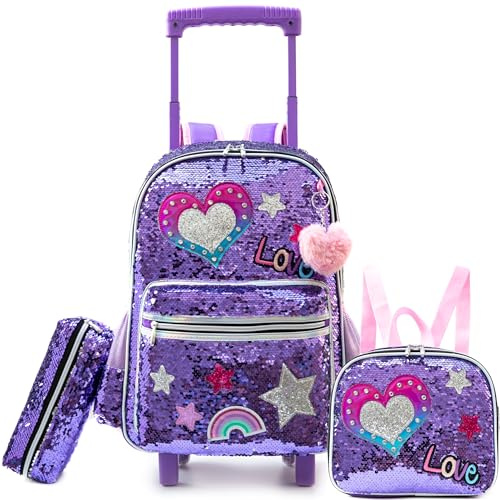 HTgroce Trolley ryggsäck med hjul, pennfodral, lunchväska 3-i-1 lätt rullande skolväskor för flickor, skolväskor trolley set, Lila hjärta, 42 x 30 x 20 cm, Ryggsäck
