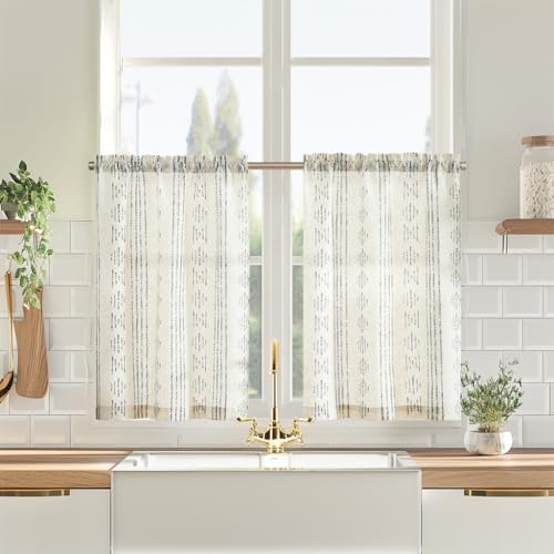 Vangao Scheibengardinen Modern Küche Boho Gestreift Leinenoptik Bistrogardine 2er Set 65Bx60Hcm Geometrisch Vorhänge mit Stangendurchzug Küchen Gardinen kurz Wohnwagen Lichtdurchlässig Grau und Beige