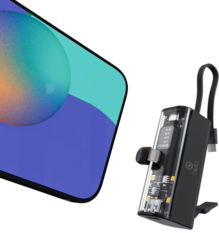 ONES Power Bank 5000mAh Bateria Externa, Carga Rápida, Mini Cargador Portátil con Pantalla LCD, Linterna para iPhone 16 15 14 13 12 11 Pro Samsung S23 S22 etc, Conector Lighting y Cable USB C, Negro