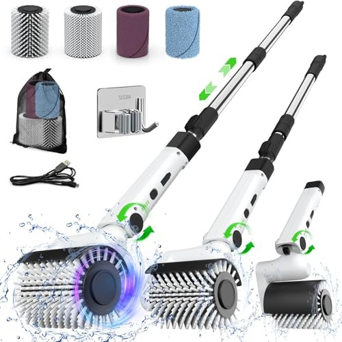 Electric Spin Scrubber,New Roller-Type IPX7 Waterproof Bathroom Cleaner Brush, Shower Scrubber with Long Handle & 2 Speed, Heads Replacement, Cleaning Supplies for Tub Shower Tile Floor