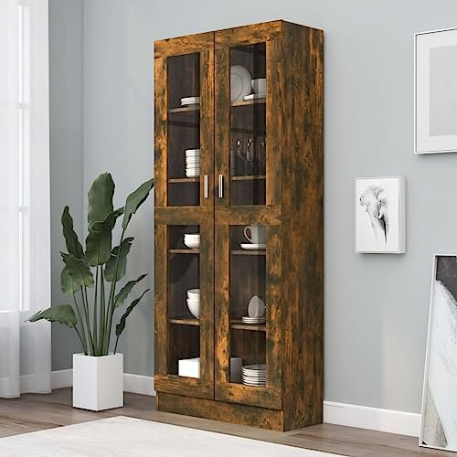 Myheimly Vitrinenschrank mit viel Stauraum, Beistellschrank für Schlafzimmer Wohnzimmer Büro, Büroschrank Schrank, Eichen-Optik Holzwerkstoff Räuchereiche 82,5x30,5x185,5 cm Holzwerkstoff