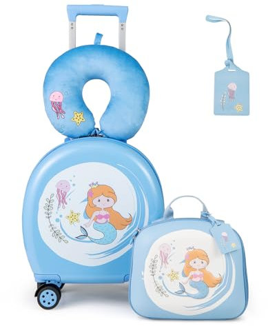 COSTWAY 4 teiliges Kinderkoffer + Rucksack, 10”+14” Kindertrolley mit Rollen, Kindergepäck mit Nackenkissen & Gepäckanhänger, Reisekoffer Set für Jungen & Mädchen (Blau)