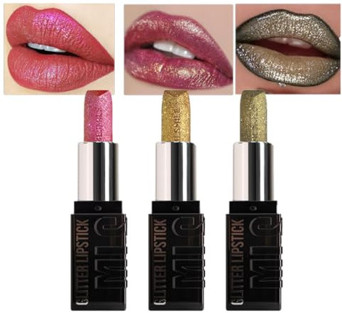 KARLOR Glitzer Lippenstifte Set, 3 Stück metallic Lipsticks Set, glänzend Lippenstifte Schimmer Diamant Lippenstift mit metallischem Perlglanz, metallic lippenstift rosa gold bronzer Festival(B Set)
