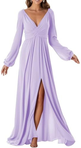 Vestidos de dama de honor de gasa para mujer con pliegues y abertura, vestidos de noche formales para invitados de boda, espalda descubierta, Lila, 46
