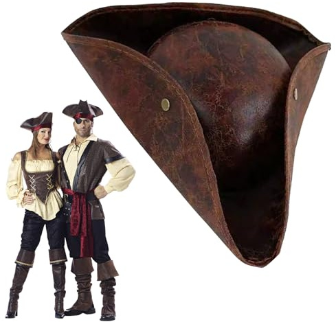 Pirate Hat Adult Women Men, Tricorn Leather Brown Pirate Hats Accessories | Jack Sparrow Tricorn Pirate Hat: Premium Brown Faux Leather, Unisex Adult Fit for Halloween Cosplay Fancy Dress Parties