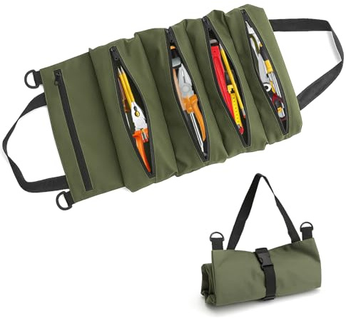 Werkzeug Rolltasche mit 5 Reißverschlusstaschen,Werkzeugtasche Klein | Canvas Schraubenschlüssel Werkzeugtasche,Werkzeugrolle Motorrad,Mehrzweck Rolltasche,Tool Bag,für Elektriker Klempner