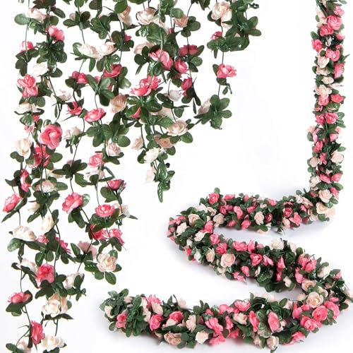CSGHMM 2pcs Artificial Rose Vine Flowers, Garden Decoration, Fake Flower Garlands, 2.5-Meter Artificial Flower Garlands, Wedding Decoration, Bedroom, Outdoor Walls(Pink)