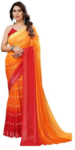 ETHNICMODE indien Sari For femme Soft Satin Light Weight Party Wear Yellow Saree With Unstitched Red Blouse Piece-1101