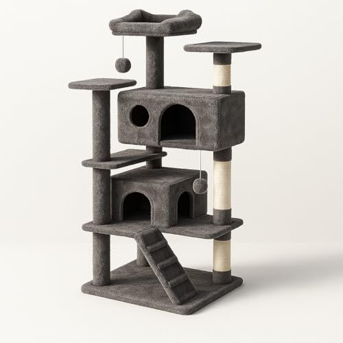 DUMOS Katzen Kratzbaum, 135 cm Katzenbaum Kletterturm, Katzenkratzbaum, Cat Tree mit Höhle, Komplett mit Sisal Umwickelt, Scratching Post, Aktivitätskratzbäume für Katzen Jeden Alters (Dunkelgrau)