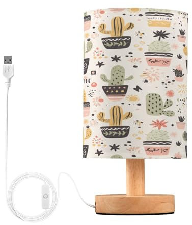 Cgiub Lampe de chevet en forme de cactus pour chambre à coucher, lampe de chevet LED, lampe de lecture avec abat-jour en tissu, base en bois et port USB pour bureau, salon, chambre d'enfant