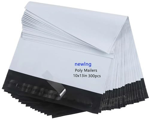 newlng 300 buste per spedizioni in polietilene da 250 x 350 mm + 50 mm, bianche, autoadesive, impermeabili e antistrappo, per abbigliamento, libri, regalo