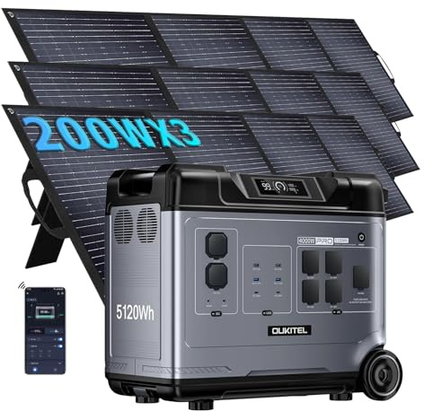 Oukitel P5000 Pro Centrale Elettrica 4000W con 3 Pannelli Solari da 200W, Generatore Solare da 5120Wh con Batteria LiFePO4, Ricarica Rapida in 1,8 ore, per Emergenze,Edizione Limitata Autunnale