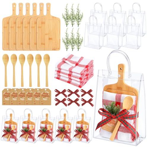 Maxdot 6 Sets for Guest 42 Pcs Christmas Cheese Board Set with Mini Cheese Board Spoon Towel Thank You Card Bag Cypress Branch for Xmas Holiday Party Game Prizes Kitchen Favors