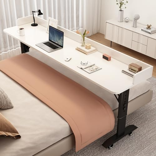 Tavolo da letto regolabile in altezza in legno massello con ruote, versatile scrivania per computer portatile per comodino, perfetta postazione di lavoro per casa, ufficio e camera da letto
