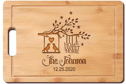 Cadeau de pendaison de crémaillère – Planche à découper personnalisée en bambou, décoration de cuisine personnalisée pour jeunes mariés, première maison, couples, famille