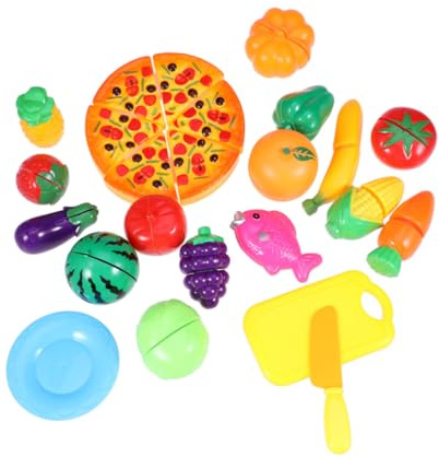 Hemobllo 24 pièces Découpe Plastique Fruits Légumes et Pizza Jeu Dimitation Cuisine Éducatif pour Garçon Fille DIY Jeu Déveil Créatif pour Garçons et Filles | Pizza et Fruits en Plastique, Accessoires à Couper Inclus, Jeu D’imitation pour Garçon et Filles