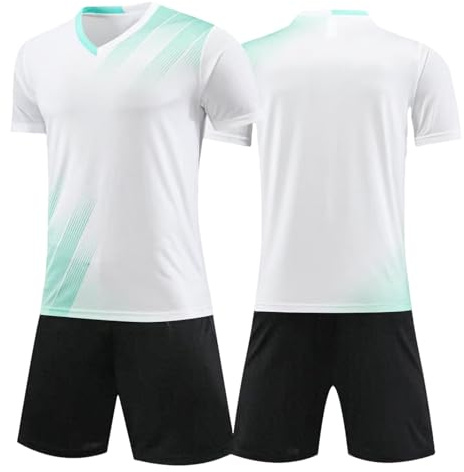 Keyck Barn fotbollskit pojkar fotbollströja set snabbtorkande andningsbara gymshorts och t-shirt set nät sportkläder för skola PE träning löpning barn 7-13 år, Vitt, 9-10 Years