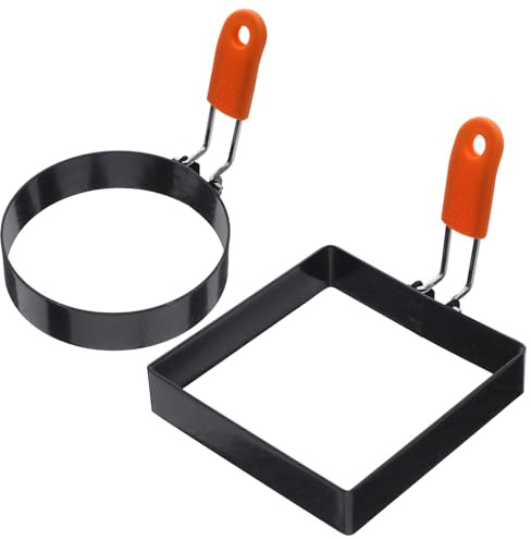 DOITOOL 2 pezzi di stampi per uova fritte in acciaio inox, stampi per pancake con manico in silicone per frittata a colazione