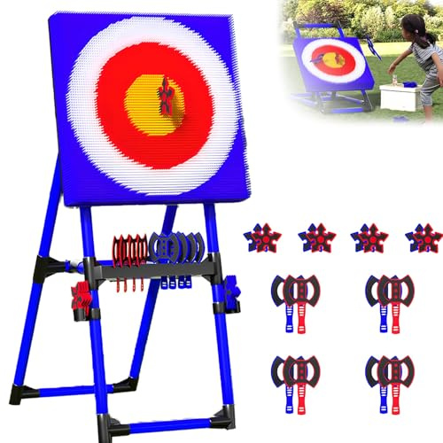 Ensemble De Jeu De Lancer De Hache, Jeu De Lancer De Hache Et De Fléchettes De Pelouse 2 en 1 avec 8 Fléchettes Et 8 Haches Volantes à Long Manche, Cadre en Métal Robuste pour L'intérieur L'exté Blue