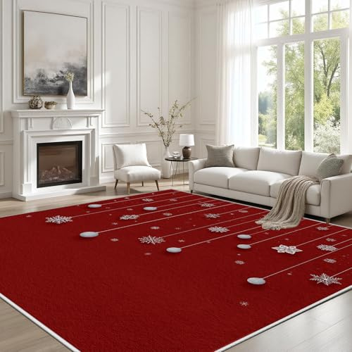 Minimalismus Weihnachten Kugeln Teppich Wohnzimmer 200x300cm rutschfest Kurzflor Schlafzimmer Teppisch Waschbar Weihnachtskugeln Schneeflocken Rot Bettvorleger Teppiche für Büro Bereich Dekor