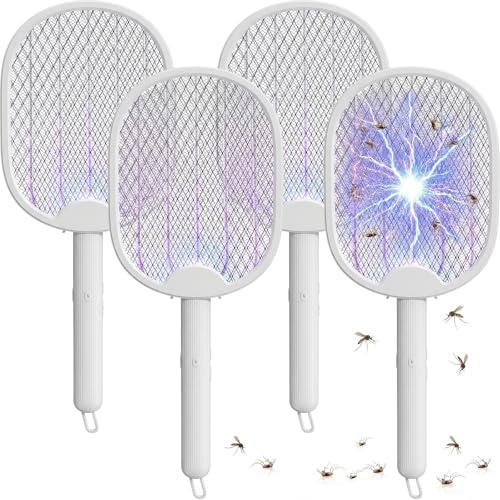 Mysora 4 Pcs Electric Fly Swatter 2 in 1 Foldable Mosquito Swatter 1200mah Battery Rechargeable Bug Zapper Racket USB Handheld with 3 Layer Safety Mesh for Camping Backyard Patio Travel Home Office