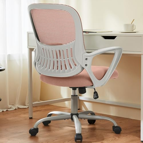 DUMOS Home Office Chair - Ergonomic Mid Back with Lumbar Support & Rocking Mode, Height Adjustable with Fixed Armrest, Storage Back for Computer, Gaming, Conference, Meeting Room, 360° Swivel, Pink