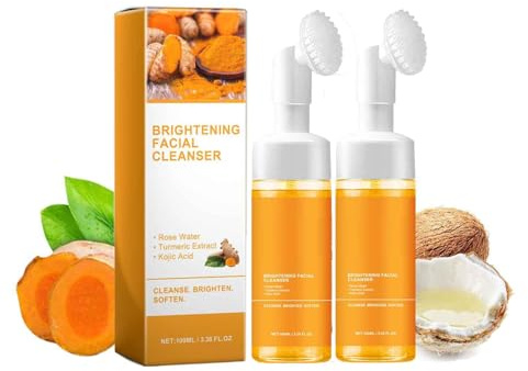 Tormeric Face Wash med borste, lugnande rengöringsskum, djuprengörande glanstvätt, ger näring åt huden, hjälper hudens balans olja och vatten, för jämn hy och strålning, alla hudtyper (2 st)