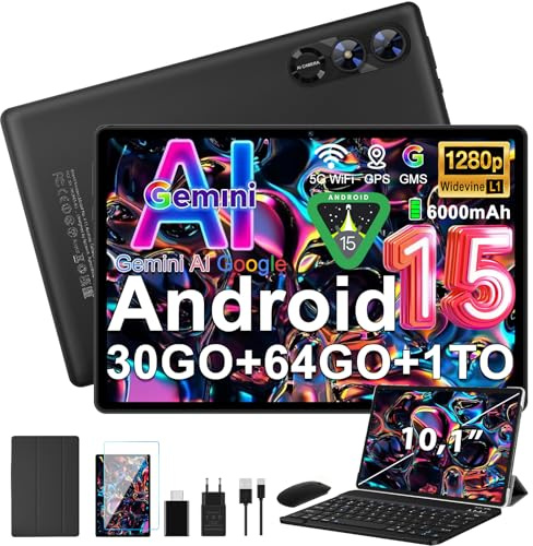Tablette Android 15 Gemini AI 10 pouces,30GO+64GO,6000mAh,Widevine L1,Noir | Souris+clavier+étui en cuir,Audio 3,5 mm / GMS / Wi-Fi6 & Bluetooth 5.0 / 6000mAh / GPS
