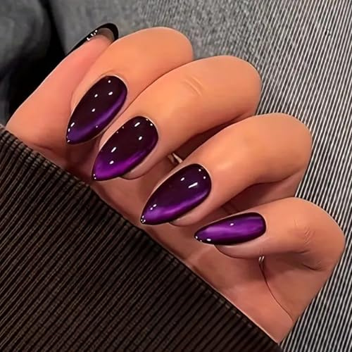 Viugex 24 Pezzi Unghie Finte Adesive, Lucide Tinta Unita Press on Nails, Occhio di Gatto Viola Francese Mandorla Acrilico Unghie Artificiali per Ragazze Donna Manicure Fai da Te