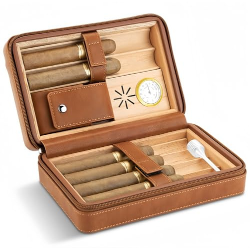 Racocou Cederträ Läder Vattentät 6-Cigarr Resefodral Humidor Inbyggd Hygrometer och Fuktare Herrars Lyxpresent till Pappa Make,Brown