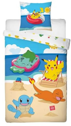 Parure de Lit Enfant Pokémon pour Lit 1 Place, Housse de Couette Réversible 140x200 cm, Taie d'oreiller 63x63 cm, Textile Doux Certifié Oeko-Tex