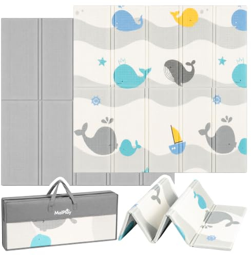MalPlay Krabbelmatte Baby Doppelseitig 120x120 cm, faltbare Spielmatte XPE, Gepolsterte Krabbeldecke, Abwaschbare Bodenmatte für Kinder, Baby Teppich, Playmat mit Tragetasche