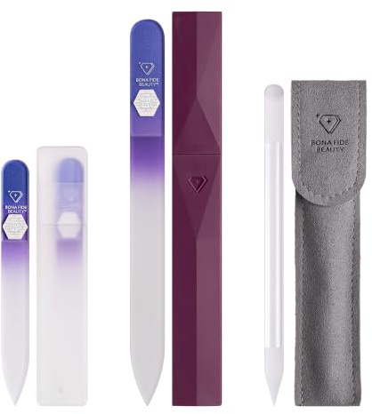 Bona Fide Beauty Czech Glass Nail Kit for Natural Nails: 3 Pc Set (Purple) | Genuine Bohemian crystal glass file with case, easy to clean fingernail file, reusable manicure tool, fine grit file