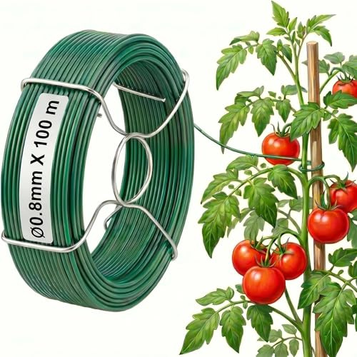 Amagabeli - Alambre de acero plastificado (diámetro 0,8 x 100 m, alambre de hierro con funda de plástico verde