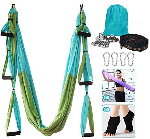 Yoga-Hängematte, Aerial Yoga Swing Set, Ultra Strong Antigravity Yoga Hängematte/Sling/Inversion Tool for Gym Home Fitness (Grün & Blau)