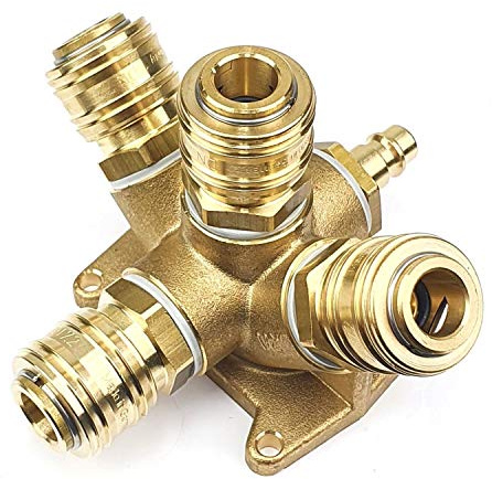 Druckluftverteiler Wanddose Druckluftweiche aus Messing mit 1 x 1/2 Stecknippel und 4 x 1/2 Kupplungsdosen NW 7,2 Luftweiche
