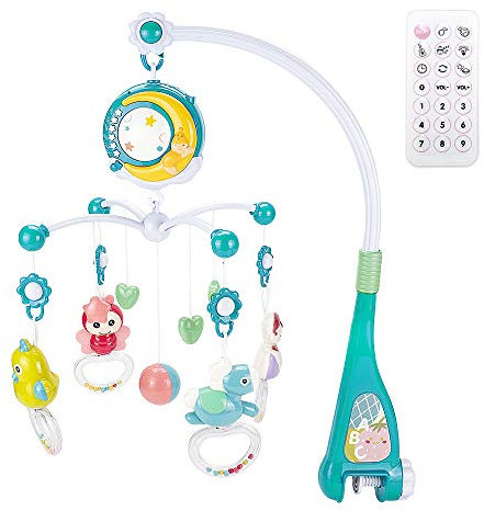 CALISTOUK Móvil Musical para Cuna de Bebé con Mando a Distancia Luz de Estrellas Campanilla Decoración Sonajero para Cama Juguete Proyector de Cuna para Bebés Recién Nacidos (azul oscuro)