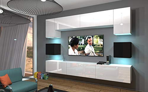 Furnitech Wohnzimmer | LED Weiß Möbel | Hängende Schrankwand Modern mit Regalen und TV-Schrank (Nowara AN1-17WB-HG23 1A)