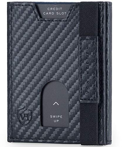 VON HEESEN Slim Wallet mit XL Münzfach & RFID-Schutz - Leder Geldbeutel - Mini Geldbörse für Herren und Damen - Kartenetui Echtleder Karten Portemonnaie klein - Kreditkartenetui Carbon-Schwarz