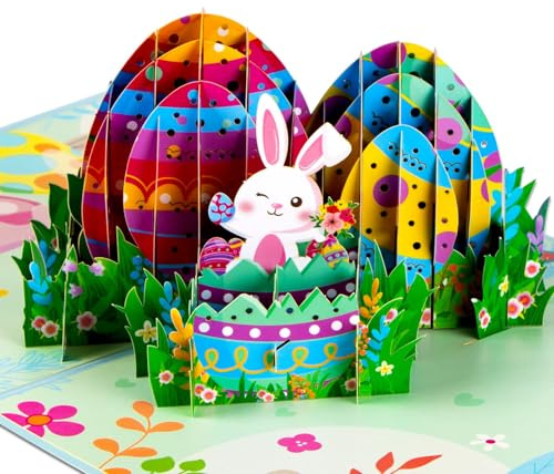 JUESMOS Easter Bunny Pop Up Card Easter 3D Eggs Greeting Cards Happy Easter Gift Card Funny Pop Up Easter Cards for Kids Children Son Daughter Friend Family Men Women Husband Wife 3D Bunny Eggs Pop Up