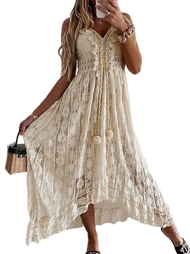 CUPSHE Sin Mangas, Cuello en V, Vestido Fruncido con borlas, Vestido Largo con Volantes y Fruncido con Cordones para Mujer Beige Mediano