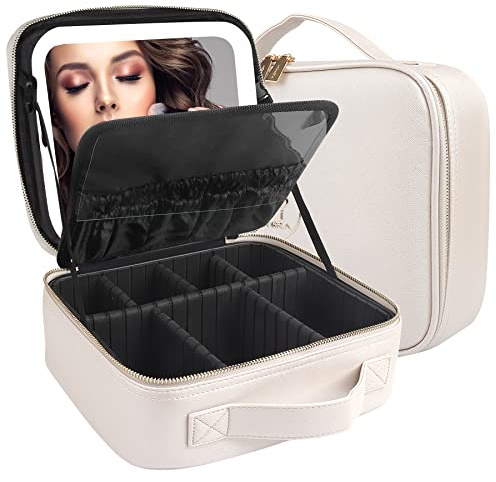 MOMIRA Reise-Make-up-Tasche Kosmetiktasche mit beleuchtetem Spiegel, Einstellbarer Helligkeit in 3 Farbszenarien, wasserdichte Makeup-Trainingsbox, Geschenk für Frauen - Khaki