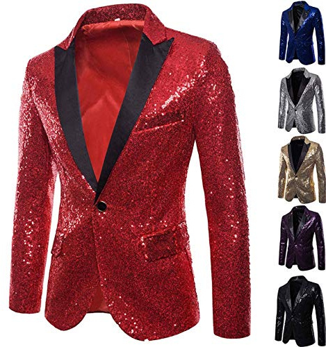 GZYshoyao Giacca da Uomo con Paillette, Oro Glitterato, Slim Fit, per Matrimoni e Feste - Abbigliamento Formale a Maniche Lunghe (Rosso, L)