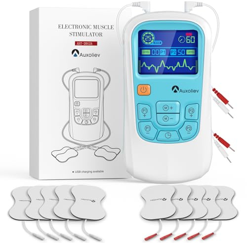 Auxoliev Dual Channel TENS Machine for Pain Relief,TENS & EMS Machine | Stimulator with 25 Modes, 50 Intensities, TENS Machine Gift of 10TENS Replacement pad，Rechargeable TENS Machine (Blue)