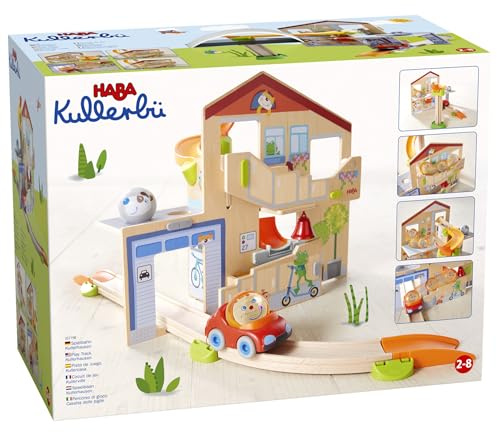 HABA Kullerbü – Spielbahn Kullerhausen – Kugelbahn ab 2 Jahren mit Glöckchenhaus & Cabrio – 17-teiliges Holzspielzeug-Starterset zur Motorikförderung – Erweiterbar – 1307198001