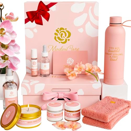 Lyxig spa presentkorg för kvinnor – avslappnande julklapp, självvårdskit med kroppsskrubb och kräm, ansiktsdimma, doftljus och mer – perfekt födelsedagspresent för kvinnor, fru, mamma – boxuppsättning